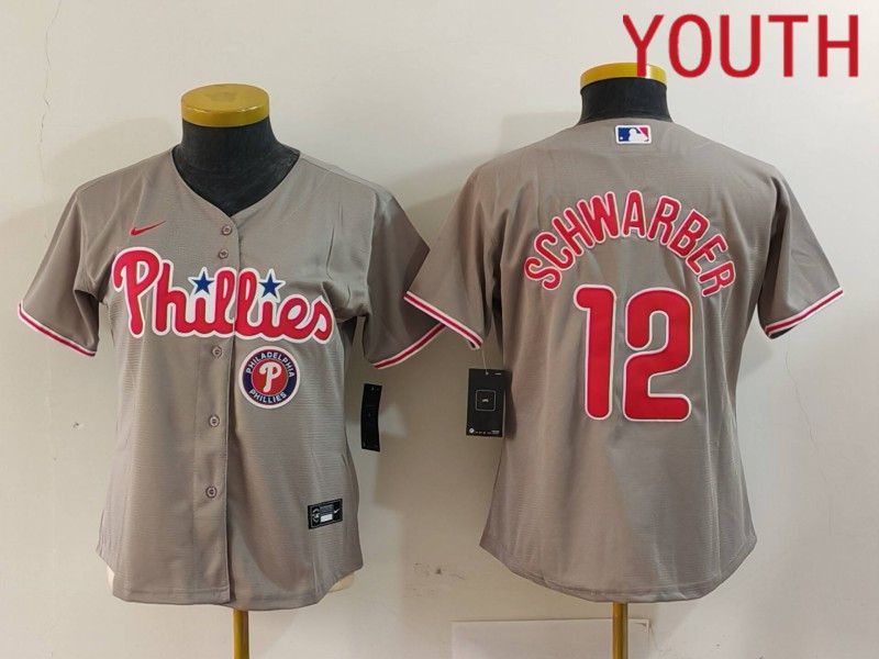 Youth Philadelphia Phillies #12 Schwarber Grey Game 2024 Nike MLB Jersey style 2